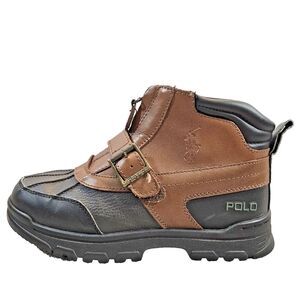 Polo Ralph Lauren VTG Mid‎ Country Zip-Up Duck Boots Brown Black Leather Boys' 4